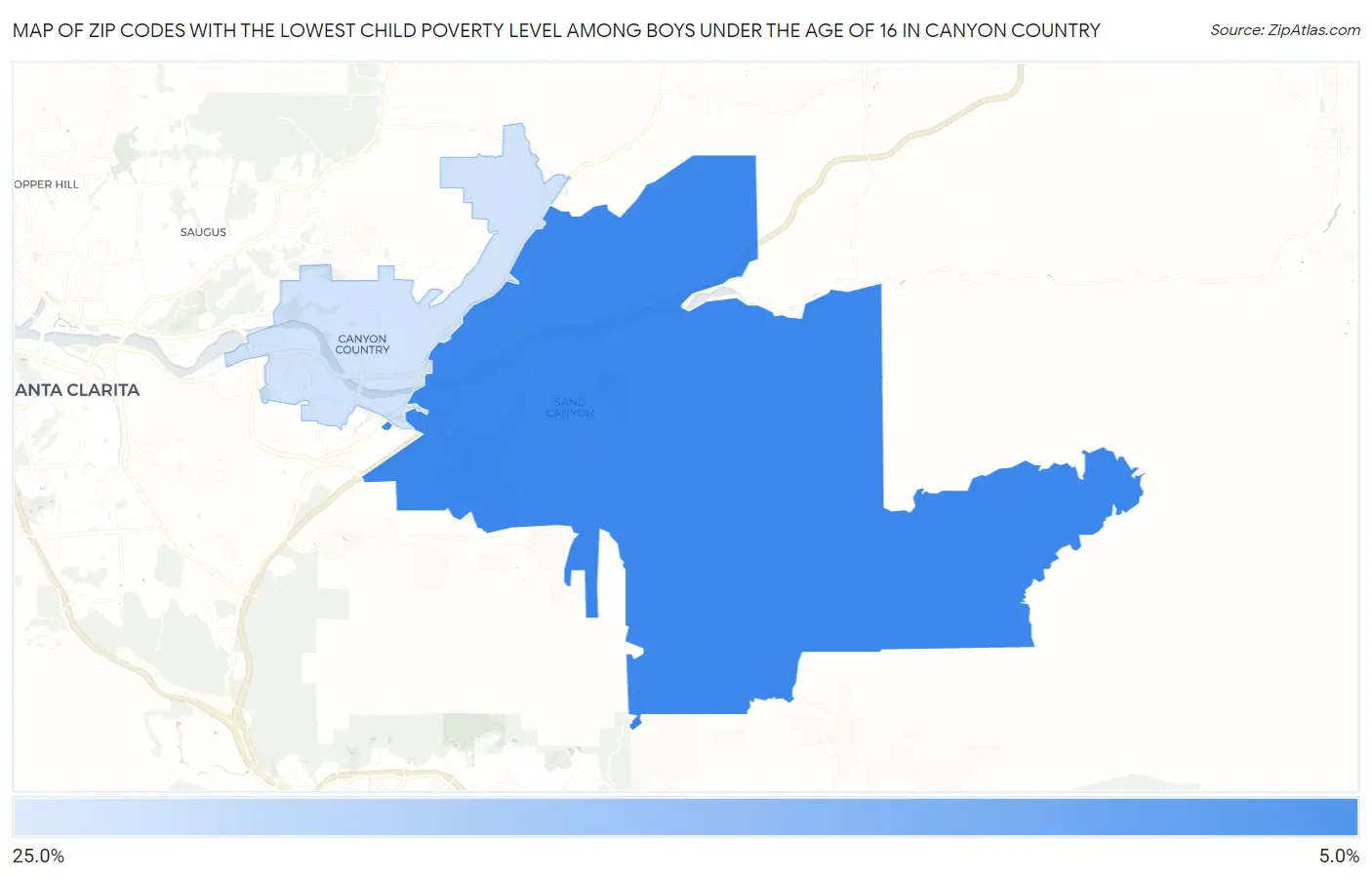 Zip Codes with the Lowest Child Poverty Level Among Boys Under the Age of 16 in Canyon Country Map