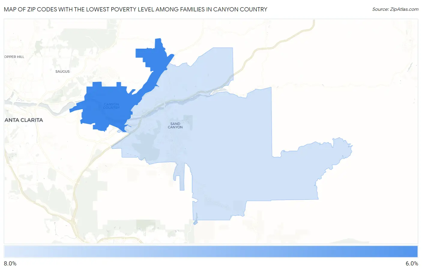 Zip Codes with the Lowest Poverty Level Among Families in Canyon Country Map