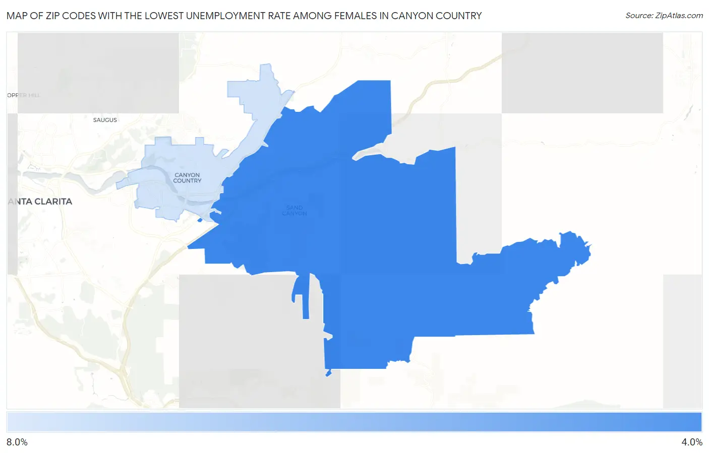 Zip Codes with the Lowest Unemployment Rate Among Females in Canyon Country Map