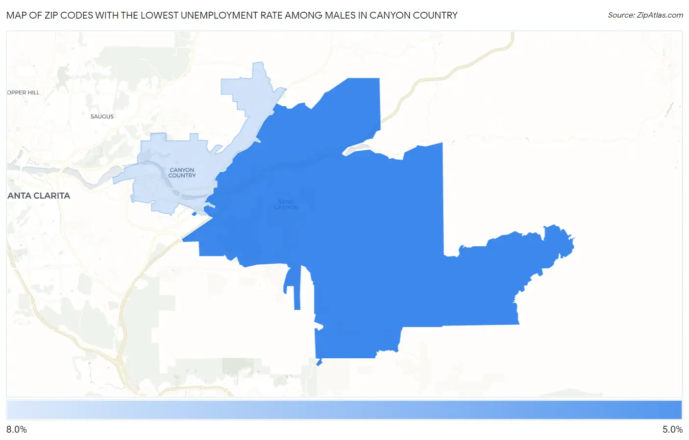 Zip Codes with the Lowest Unemployment Rate Among Males in Canyon Country Map