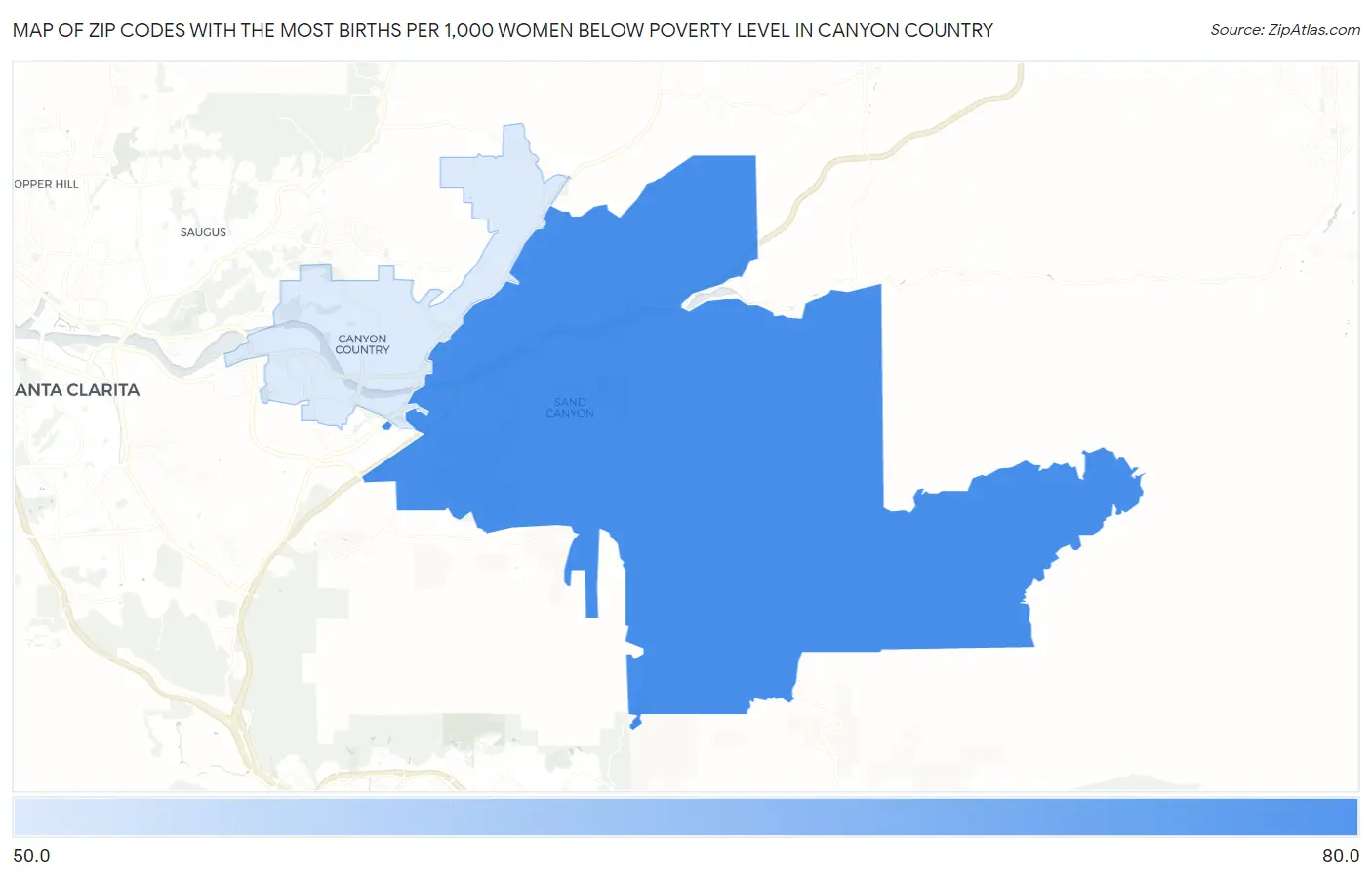 Zip Codes with the Most Births per 1,000 Women Below Poverty Level in Canyon Country Map