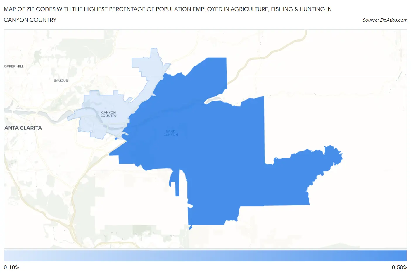 Zip Codes with the Highest Percentage of Population Employed in Agriculture, Fishing & Hunting in Canyon Country Map