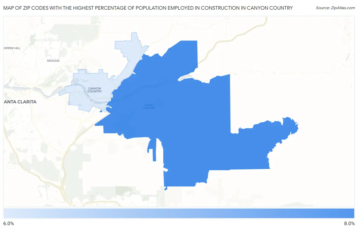 Zip Codes with the Highest Percentage of Population Employed in Construction in Canyon Country Map