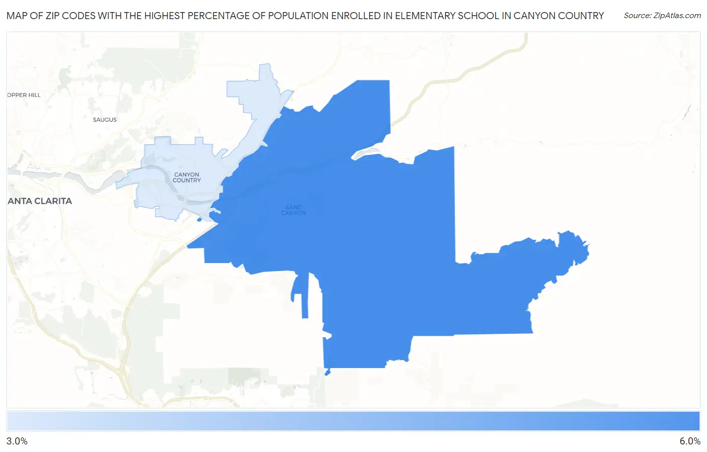 Zip Codes with the Highest Percentage of Population Enrolled in Elementary School in Canyon Country Map