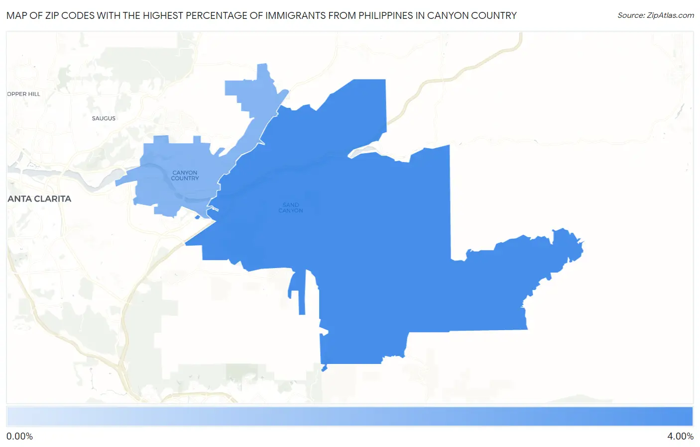 Zip Codes with the Highest Percentage of Immigrants from Philippines in Canyon Country Map