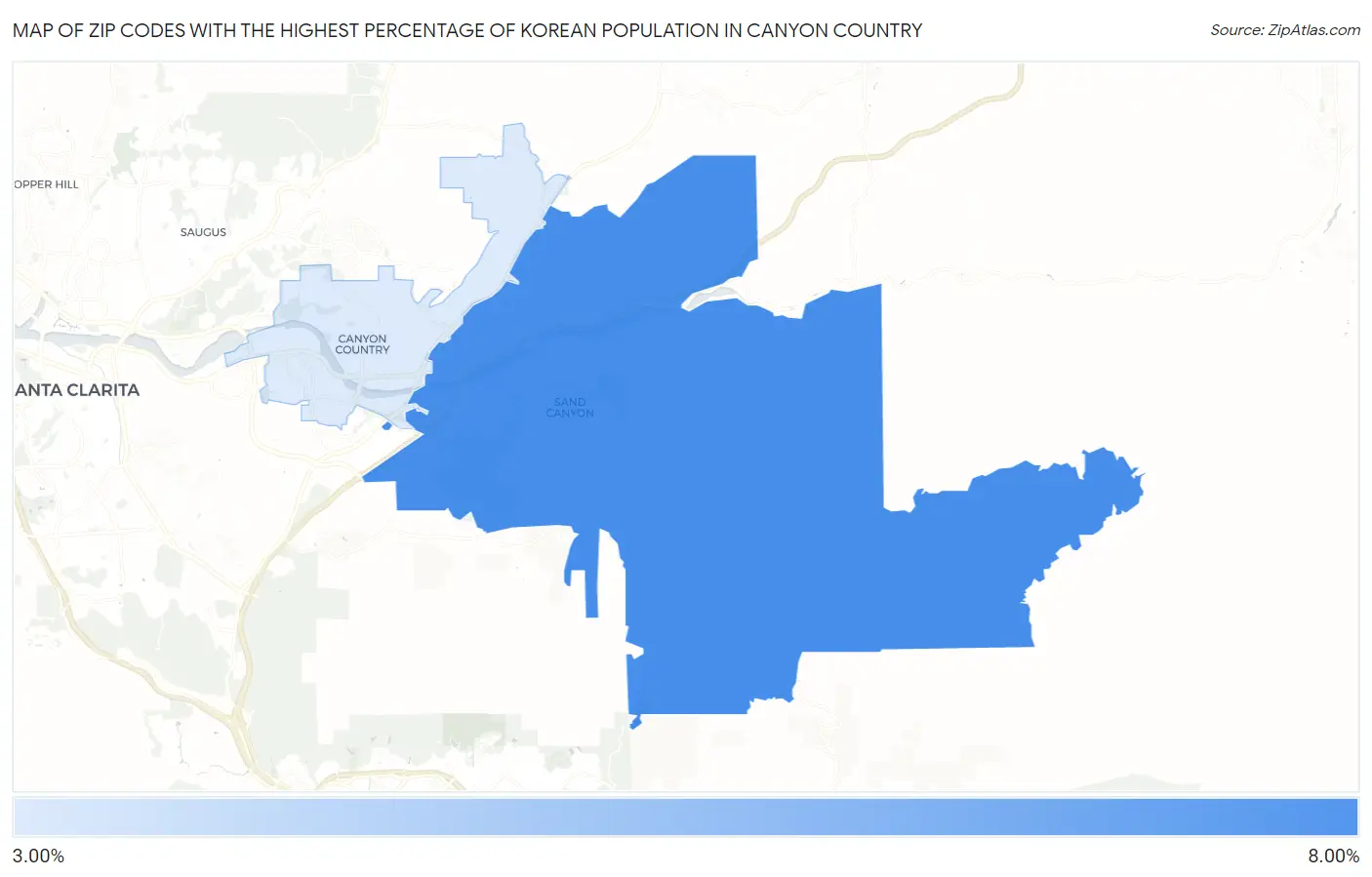 Zip Codes with the Highest Percentage of Korean Population in Canyon Country Map