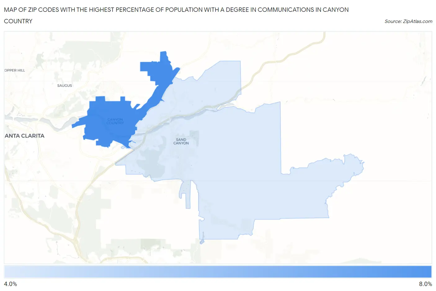 Zip Codes with the Highest Percentage of Population with a Degree in Communications in Canyon Country Map