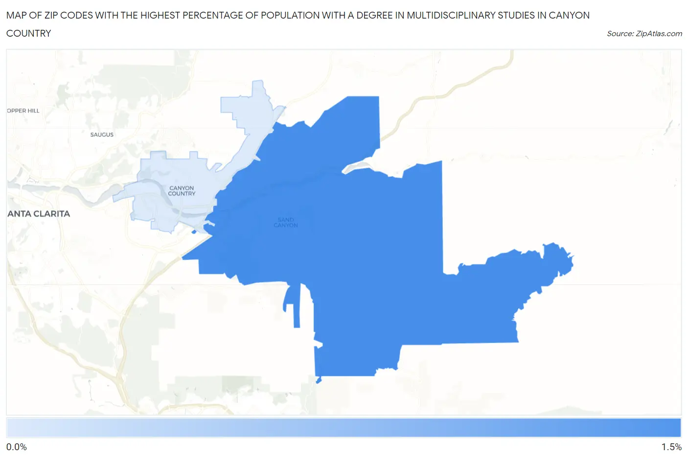 Zip Codes with the Highest Percentage of Population with a Degree in Multidisciplinary Studies in Canyon Country Map