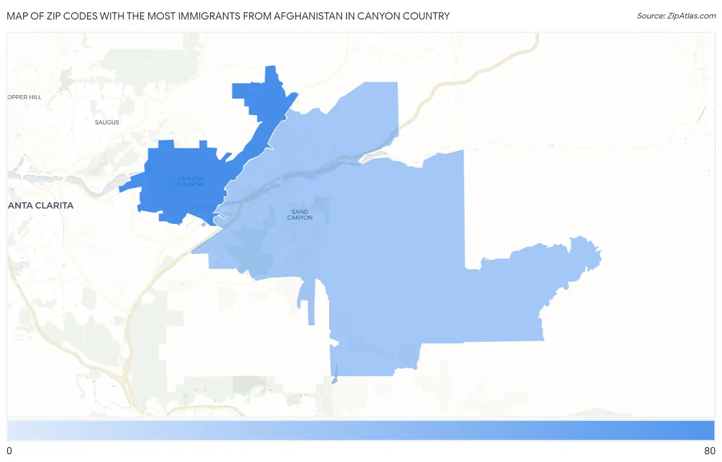 Zip Codes with the Most Immigrants from Afghanistan in Canyon Country Map