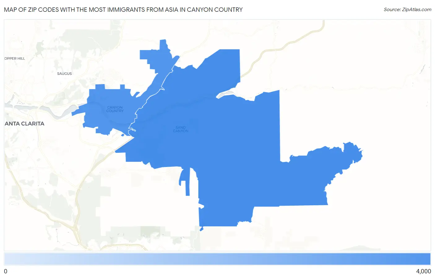 Zip Codes with the Most Immigrants from Asia in Canyon Country Map