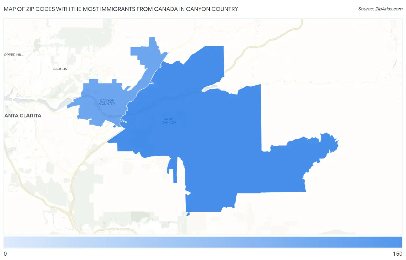 Zip Codes with the Most Immigrants from Canada in Canyon Country Map