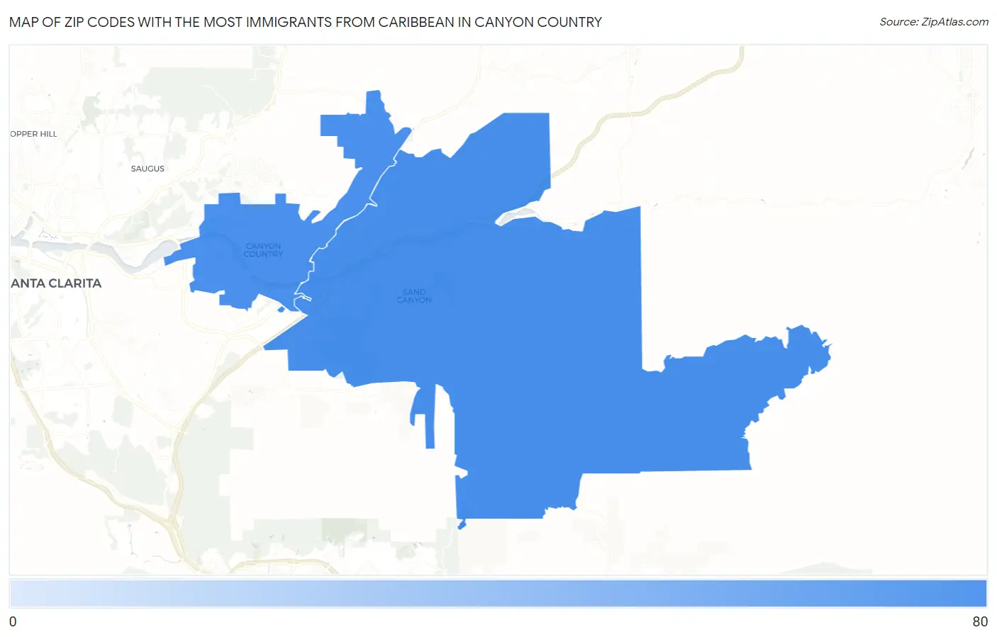 Zip Codes with the Most Immigrants from Caribbean in Canyon Country Map