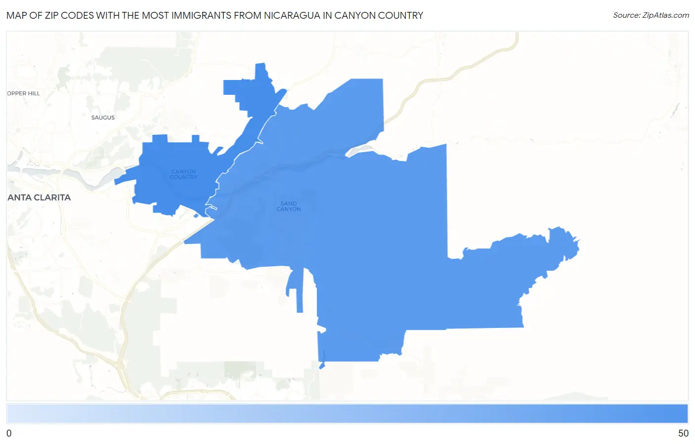 Zip Codes with the Most Immigrants from Nicaragua in Canyon Country Map