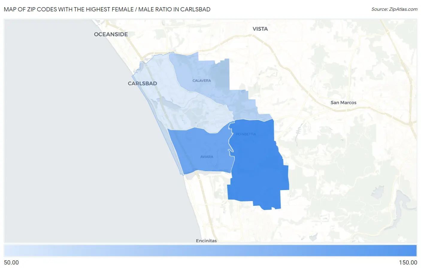 Zip Codes with the Highest Female / Male Ratio in Carlsbad Map