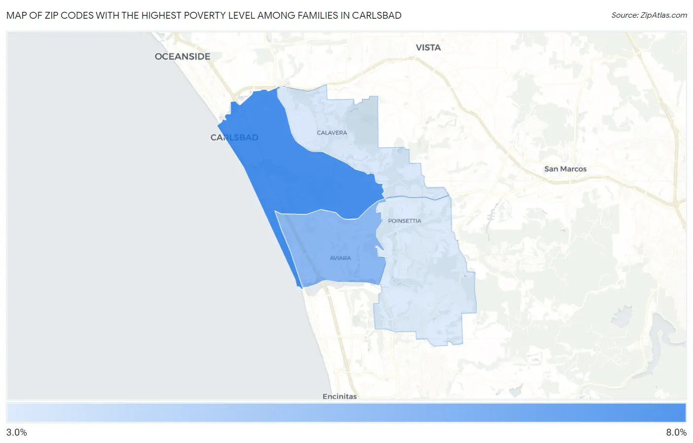 Zip Codes with the Highest Poverty Level Among Families in Carlsbad Map