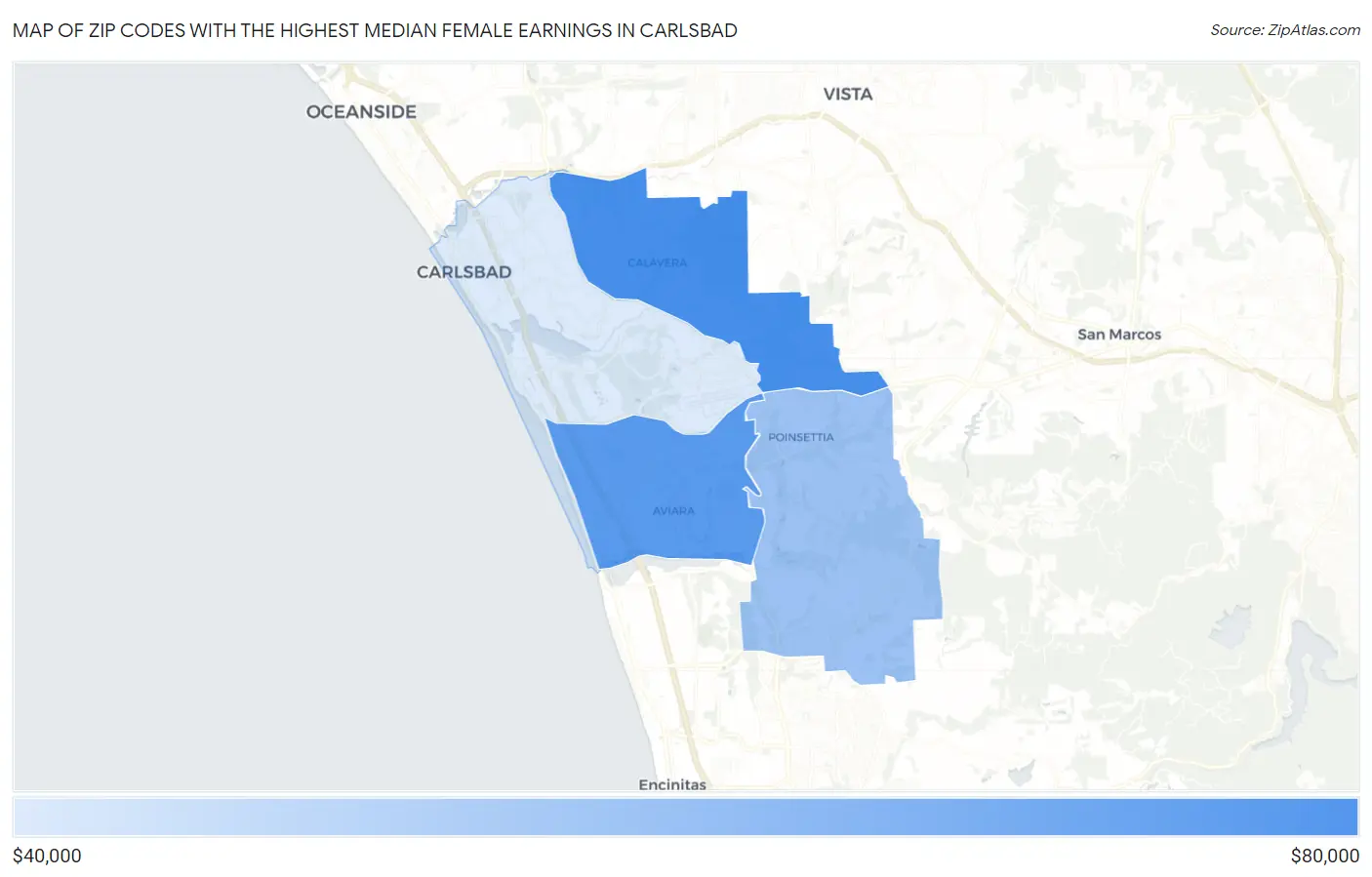 Zip Codes with the Highest Median Female Earnings in Carlsbad Map
