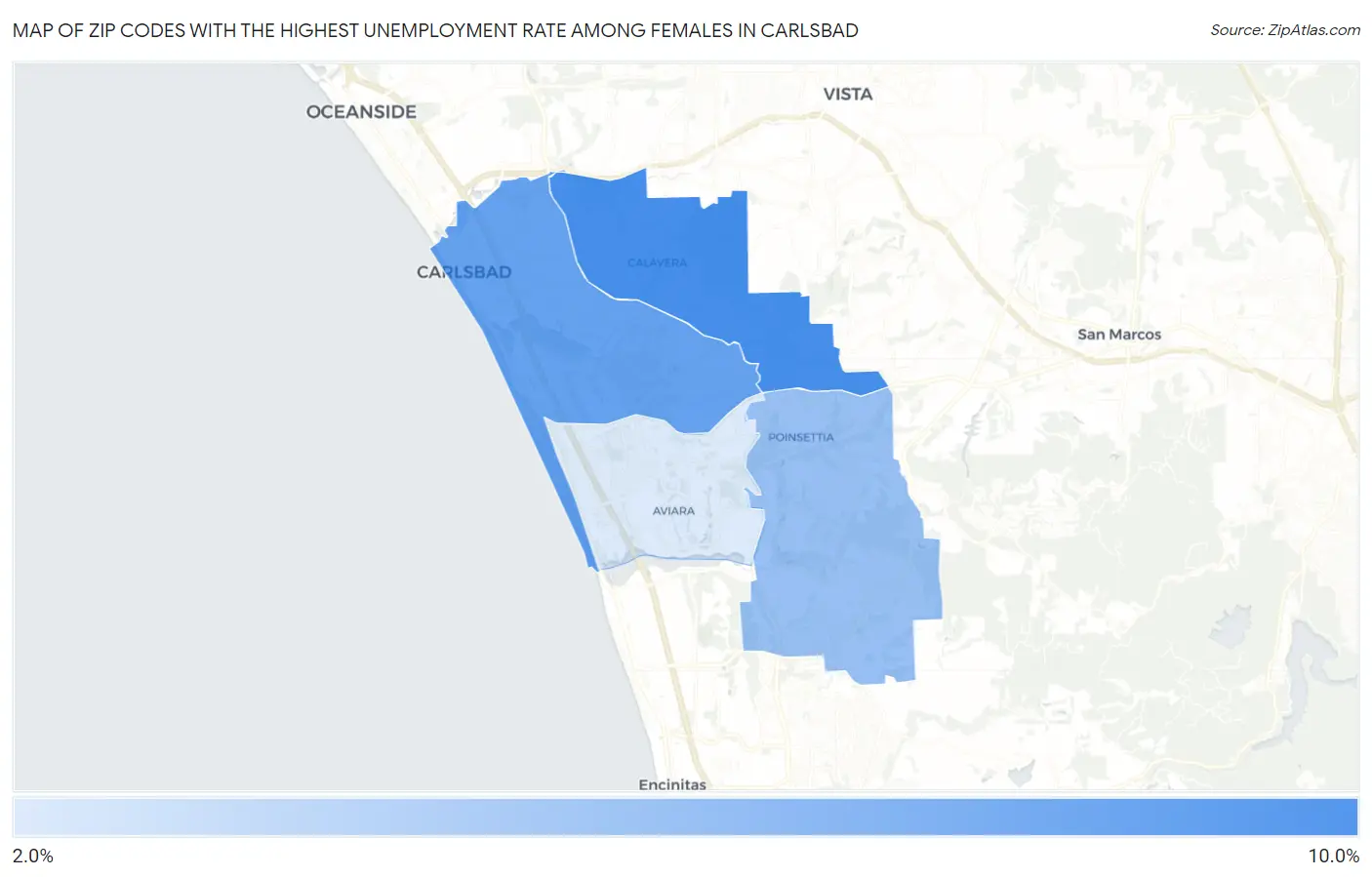Zip Codes with the Highest Unemployment Rate Among Females in Carlsbad Map