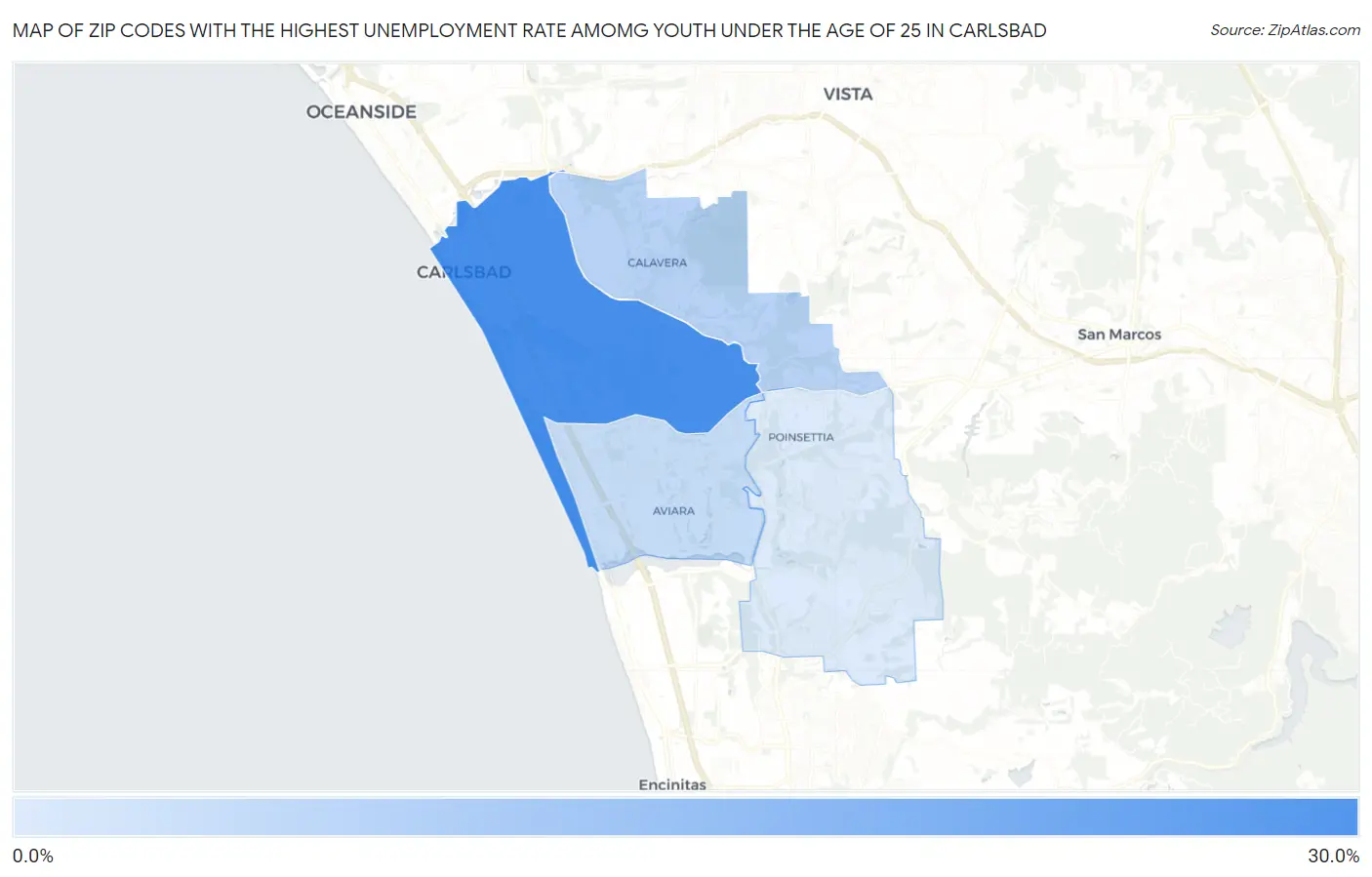 Zip Codes with the Highest Unemployment Rate Amomg Youth Under the Age of 25 in Carlsbad Map