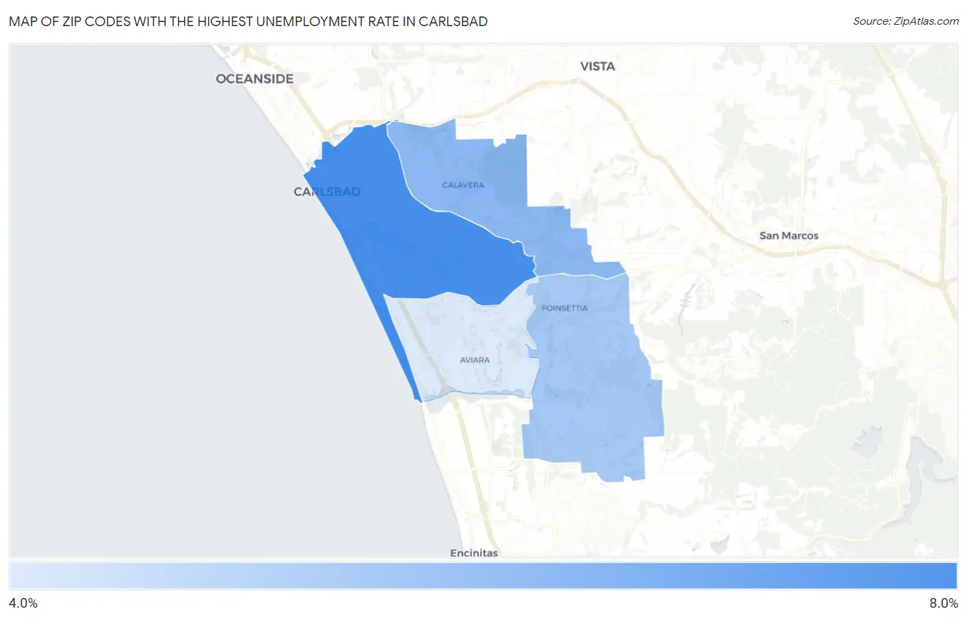Zip Codes with the Highest Unemployment Rate in Carlsbad Map