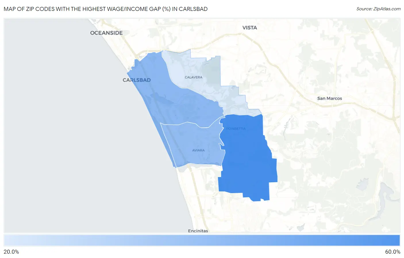 Zip Codes with the Highest Wage/Income Gap (%) in Carlsbad Map