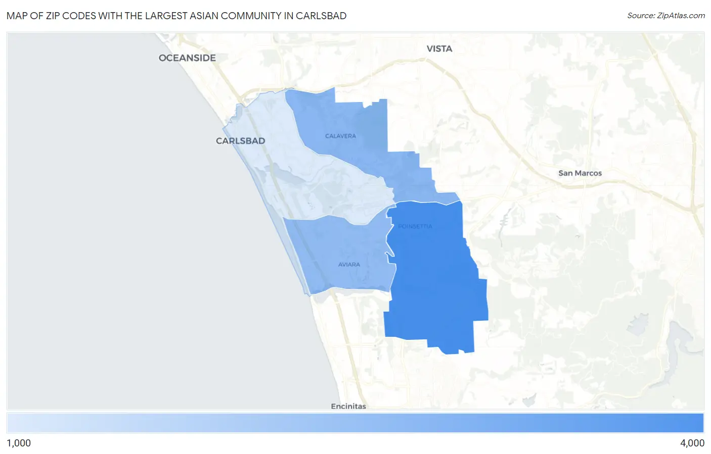 Zip Codes with the Largest Asian Community in Carlsbad Map
