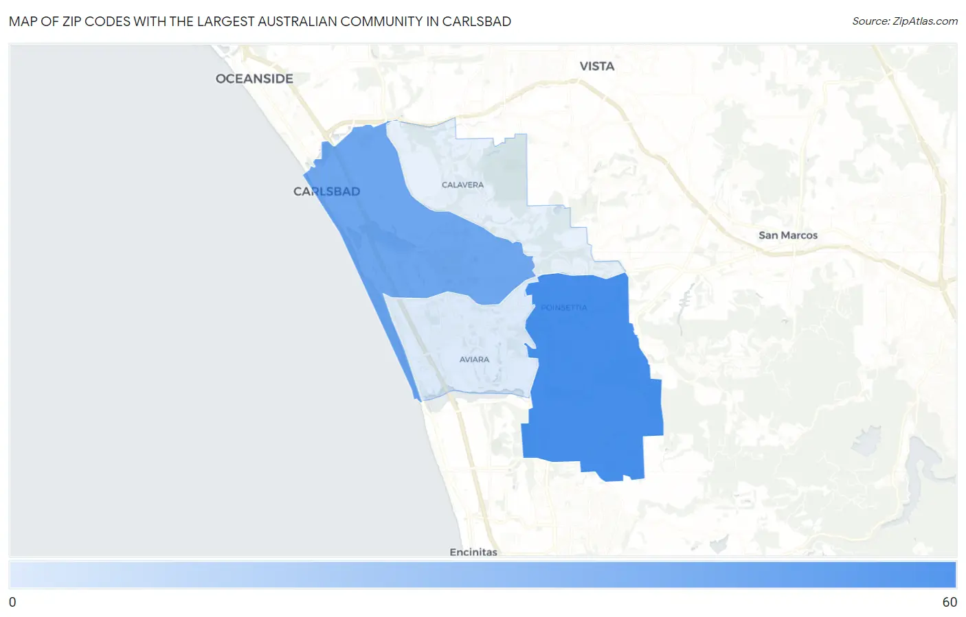 Zip Codes with the Largest Australian Community in Carlsbad Map