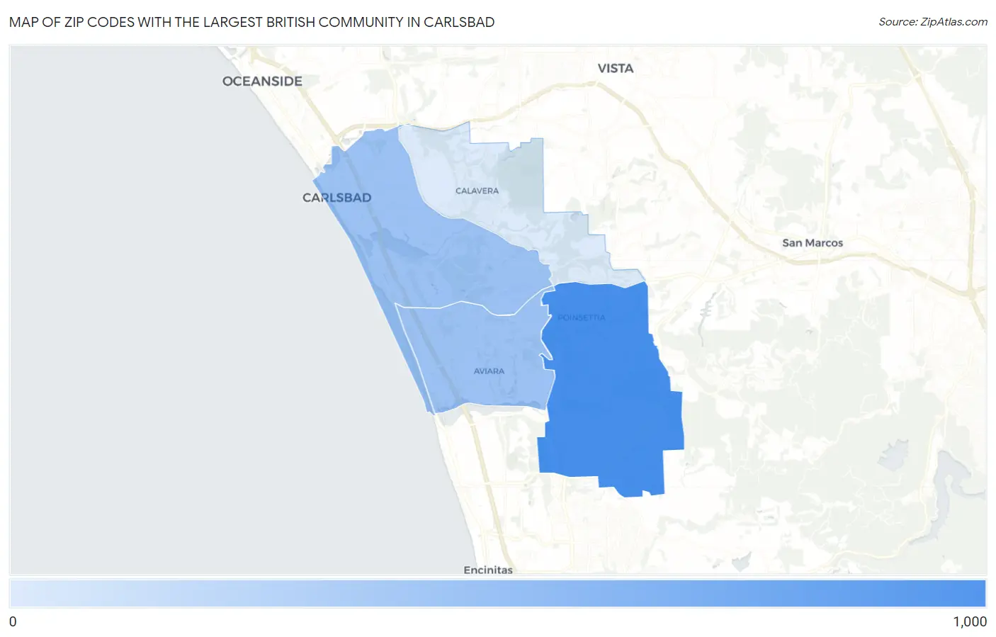Zip Codes with the Largest British Community in Carlsbad Map