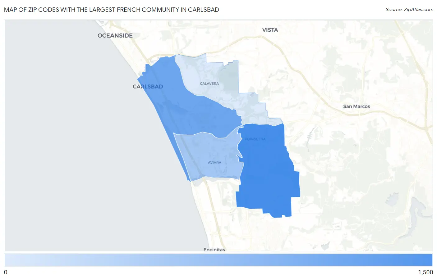 Zip Codes with the Largest French Community in Carlsbad Map