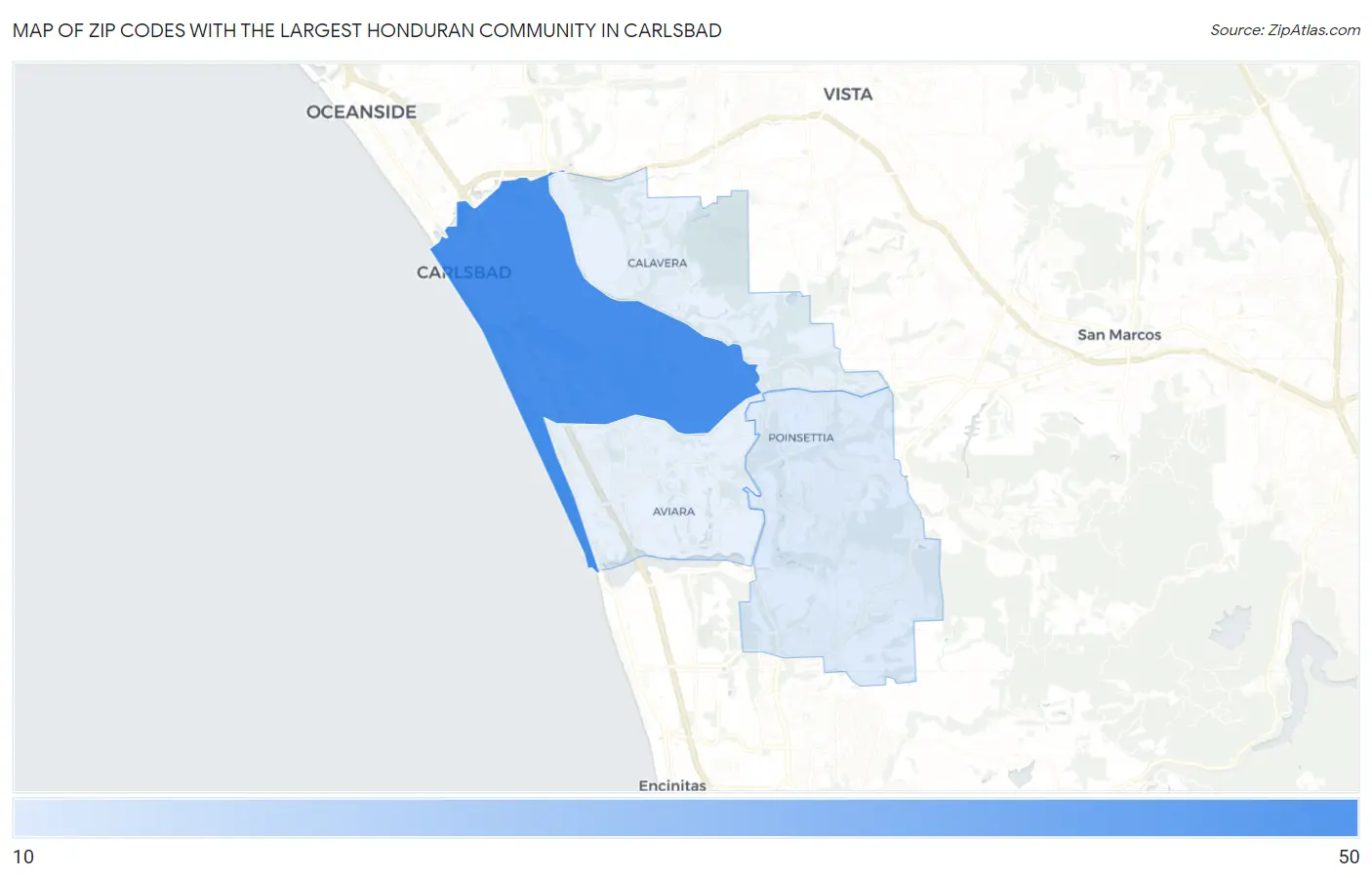 Zip Codes with the Largest Honduran Community in Carlsbad Map