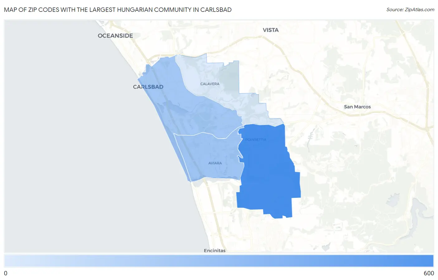 Zip Codes with the Largest Hungarian Community in Carlsbad Map