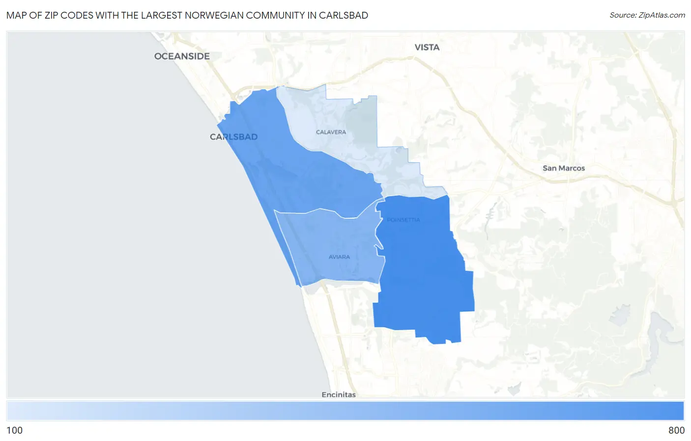 Zip Codes with the Largest Norwegian Community in Carlsbad Map