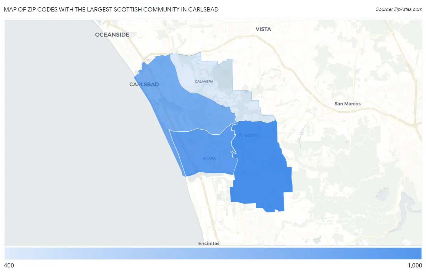 Zip Codes with the Largest Scottish Community in Carlsbad Map