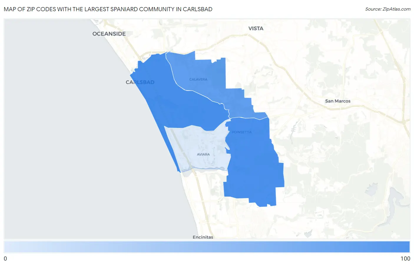 Zip Codes with the Largest Spaniard Community in Carlsbad Map