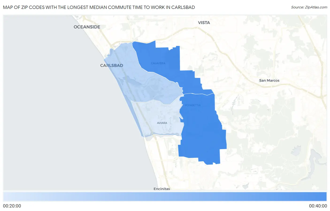 Zip Codes with the Longest Median Commute Time to Work in Carlsbad Map