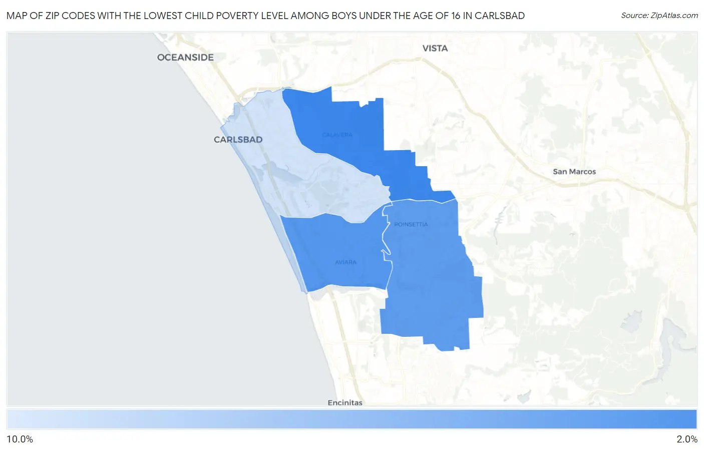 Zip Codes with the Lowest Child Poverty Level Among Boys Under the Age of 16 in Carlsbad Map