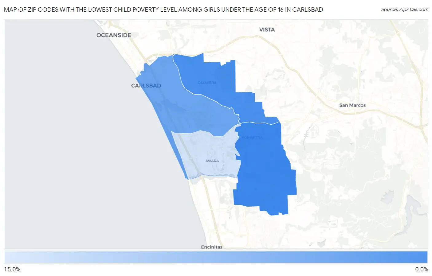 Zip Codes with the Lowest Child Poverty Level Among Girls Under the Age of 16 in Carlsbad Map