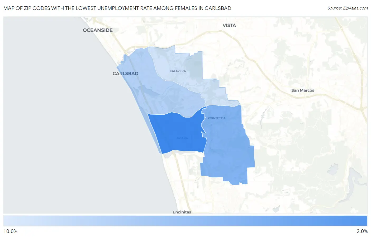 Zip Codes with the Lowest Unemployment Rate Among Females in Carlsbad Map