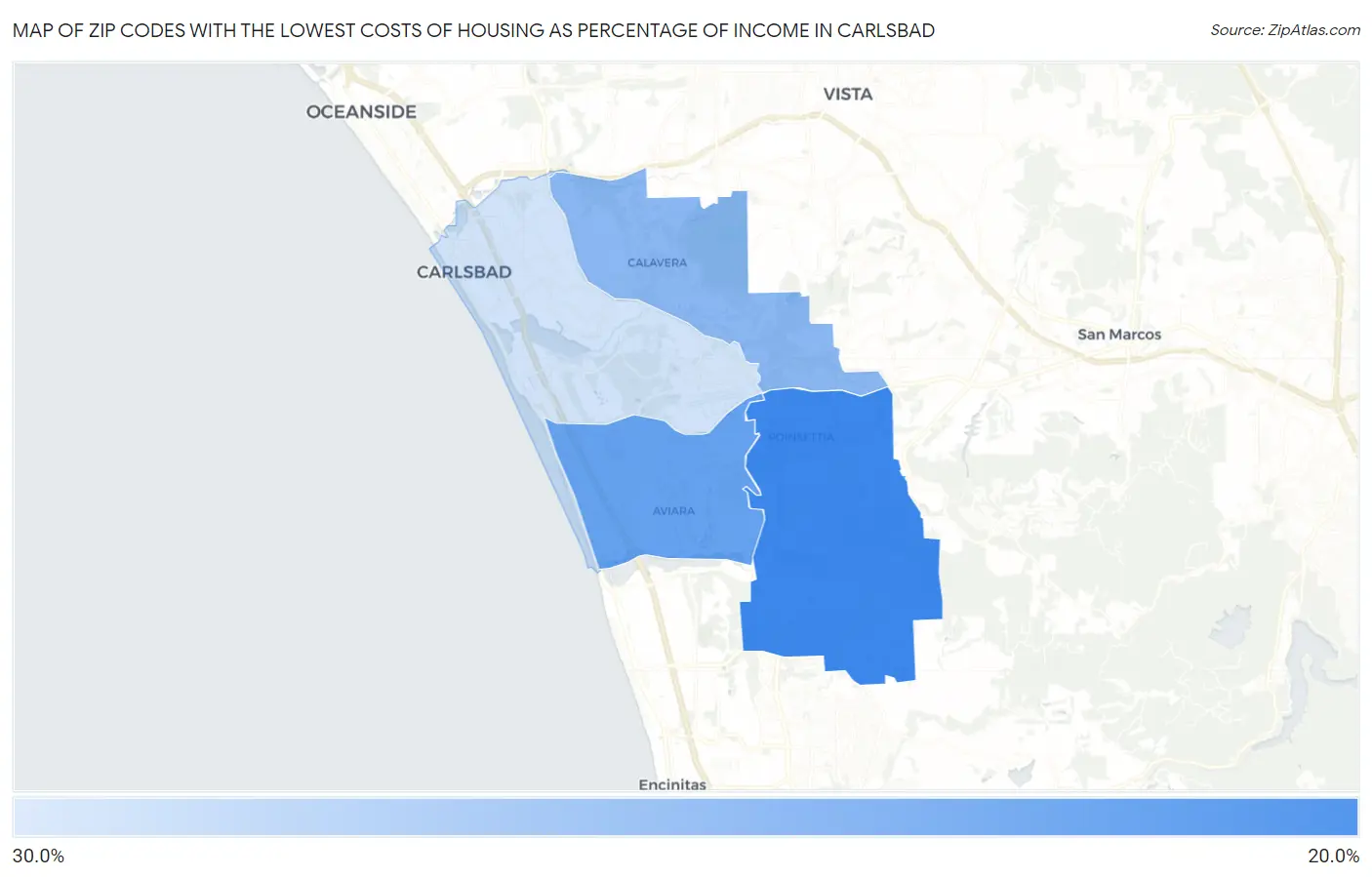 Zip Codes with the Lowest Costs of Housing as Percentage of Income in Carlsbad Map