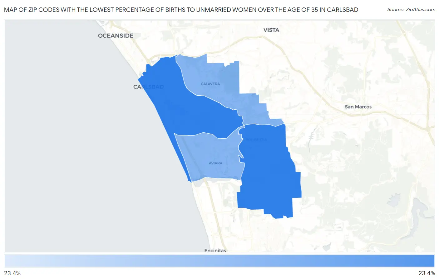 Zip Codes with the Lowest Percentage of Births to Unmarried Women over the Age of 35 in Carlsbad Map