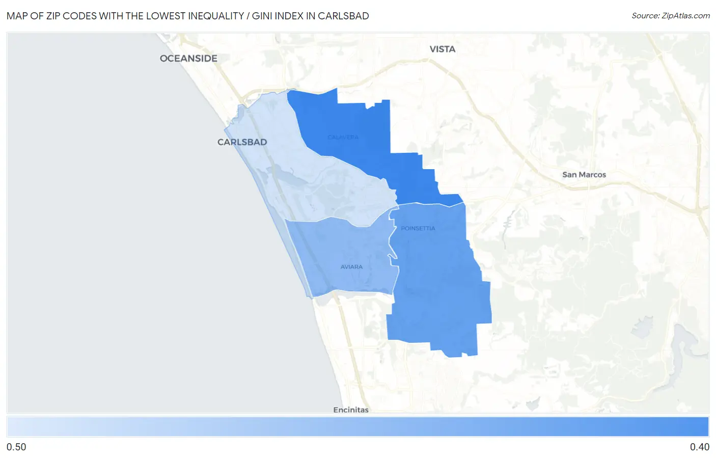 Zip Codes with the Lowest Inequality / Gini Index in Carlsbad Map