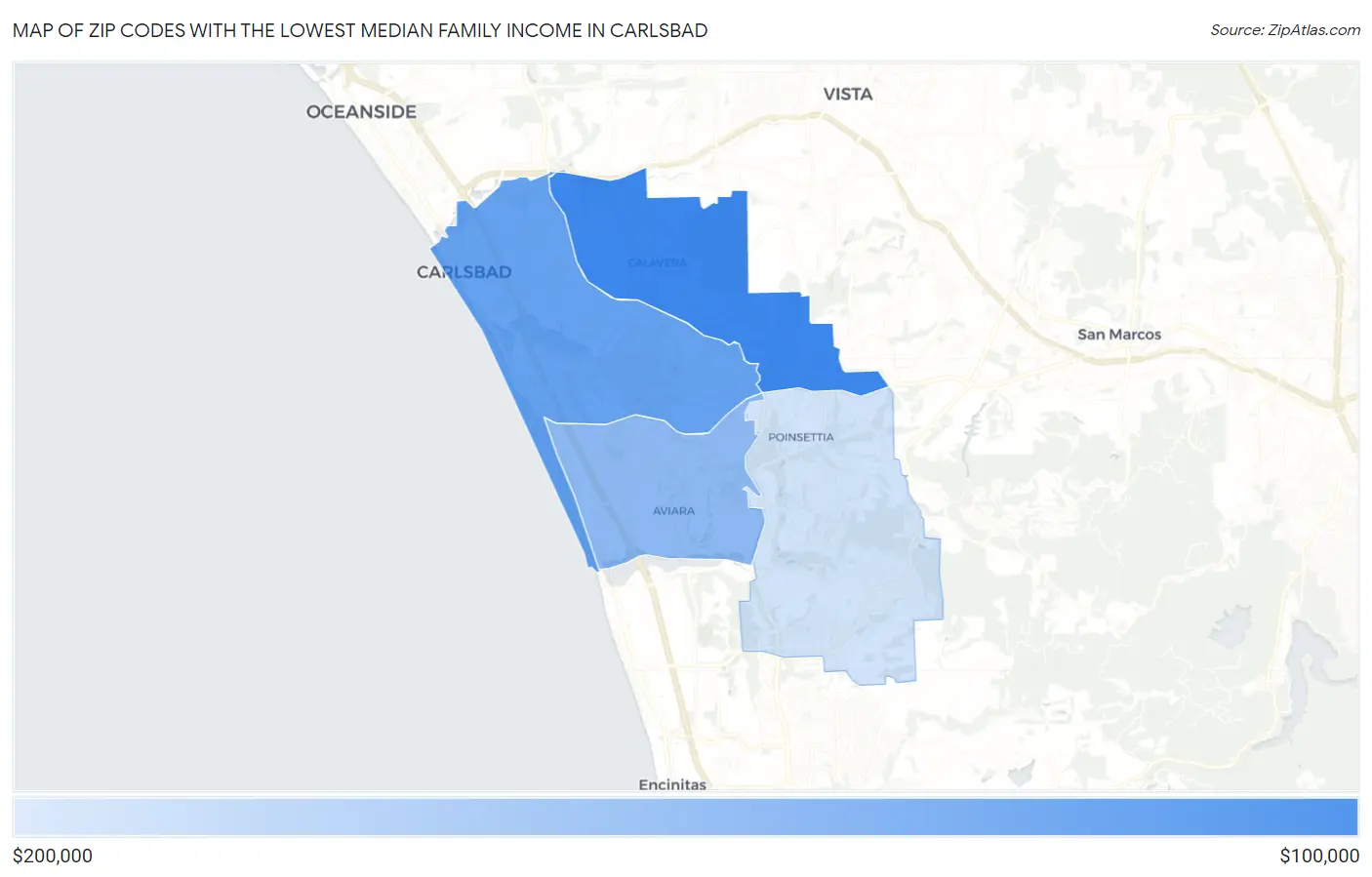 Zip Codes with the Lowest Median Family Income in Carlsbad Map