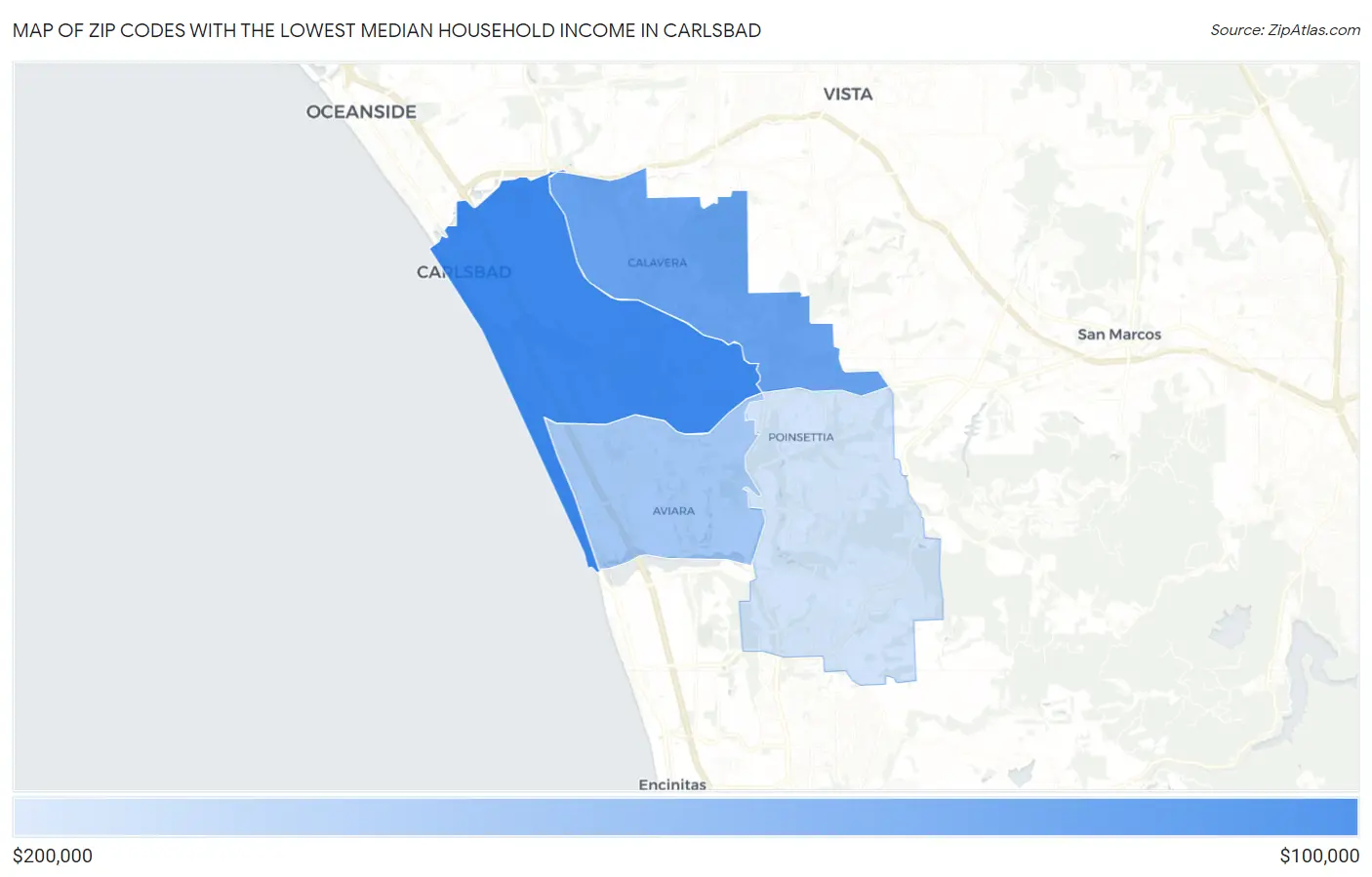 Zip Codes with the Lowest Median Household Income in Carlsbad Map