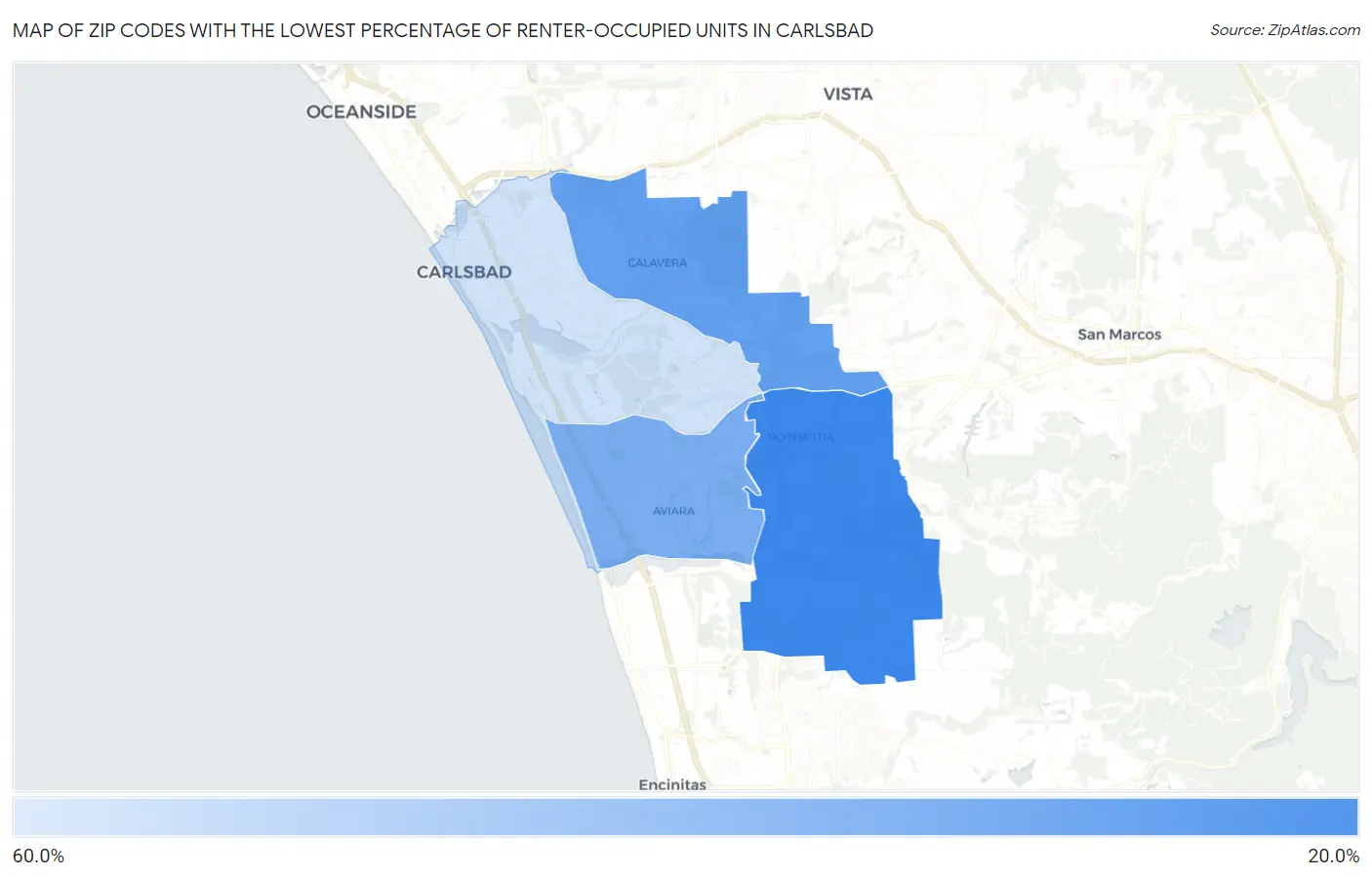 Zip Codes with the Lowest Percentage of Renter-Occupied Units in Carlsbad Map