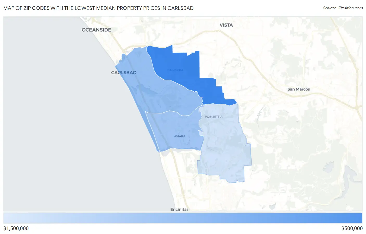 Zip Codes with the Lowest Median Property Prices in Carlsbad Map