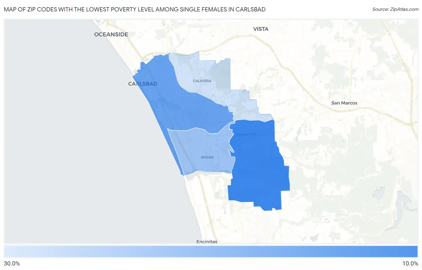 Zip Codes with the Lowest Poverty Level Among Single Females in Carlsbad Map