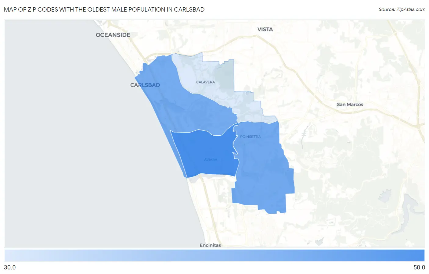 Zip Codes with the Oldest Male Population in Carlsbad Map
