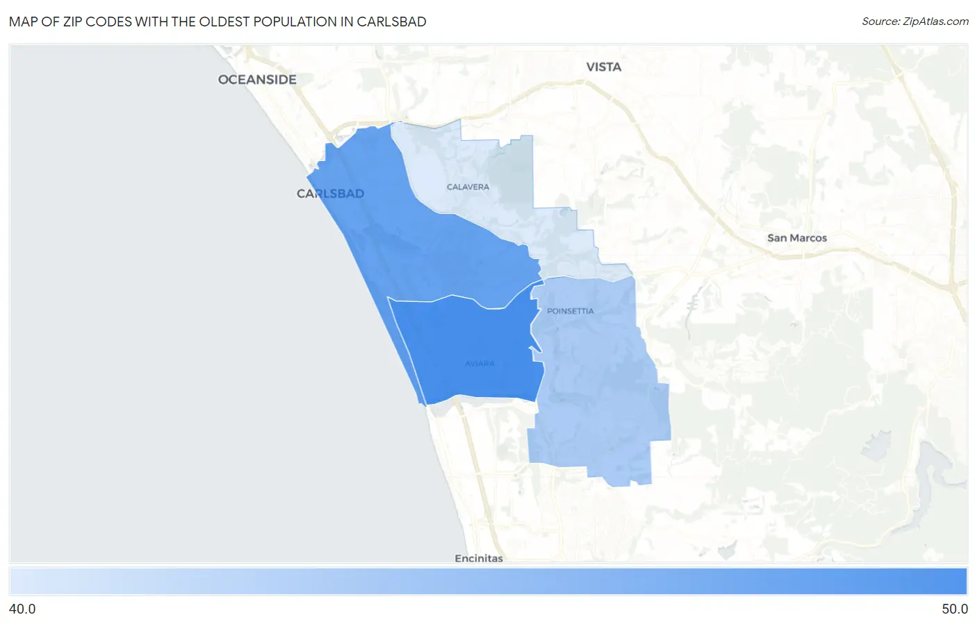 Zip Codes with the Oldest Population in Carlsbad Map