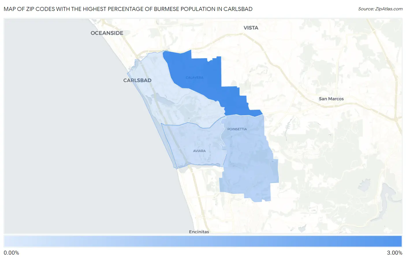 Zip Codes with the Highest Percentage of Burmese Population in Carlsbad Map