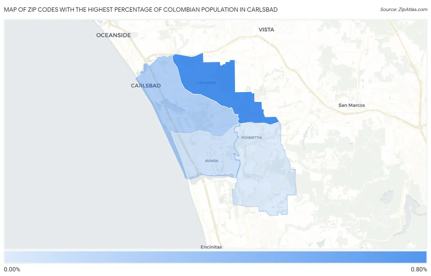 Zip Codes with the Highest Percentage of Colombian Population in Carlsbad Map