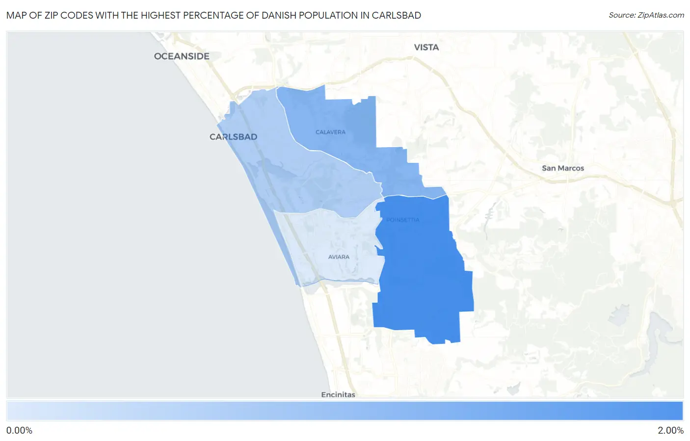 Zip Codes with the Highest Percentage of Danish Population in Carlsbad Map